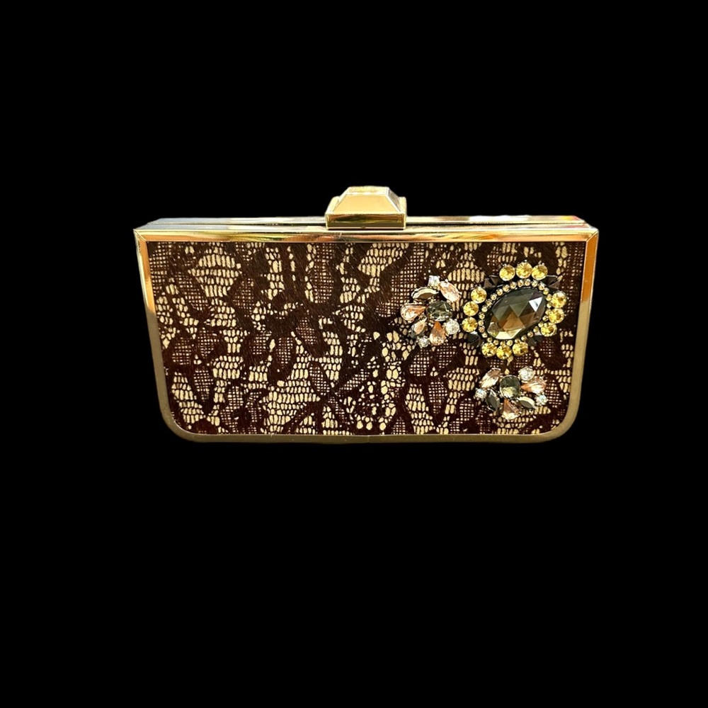 Kate Landry Gold Tone With Brown Lace Evening Clutch - Picture 7 of 10
